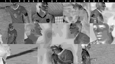 Eleven inverted black and white videos of football players side by side on one screen
